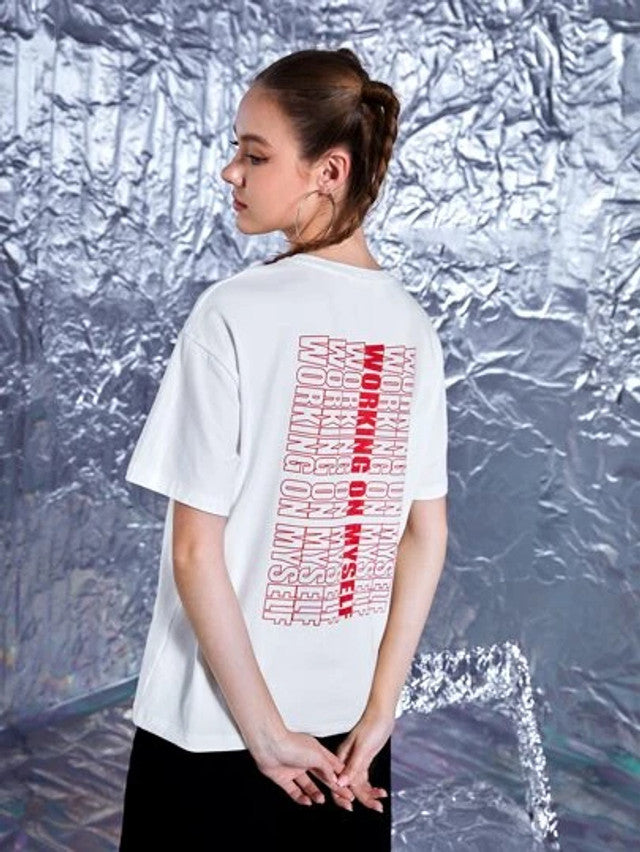 Fifth Avenue DIFT456 Boyfriend Oversized Fit Working On Myself Printed Womens T-Shirt White