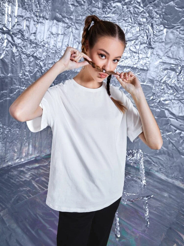 Fifth Avenue DIFT456 Boyfriend Oversized Fit Working On Myself Printed Womens T-Shirt White