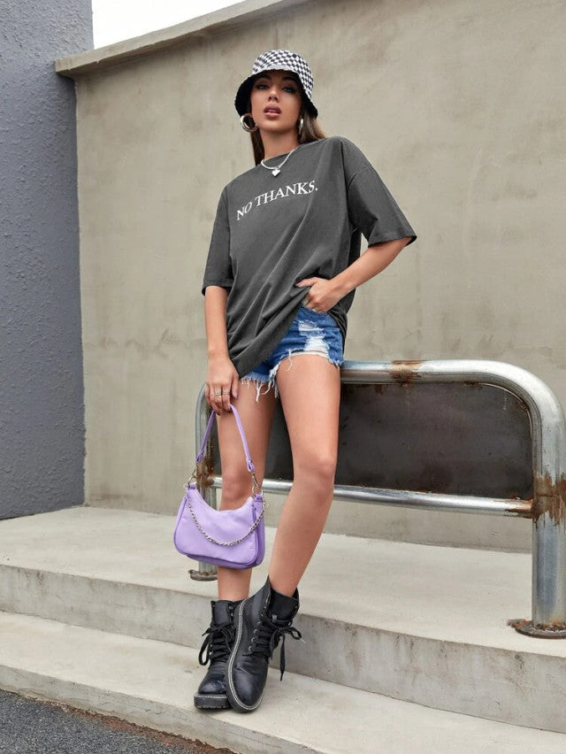 Fifth Avenue DIFT489 Boyfriend Oversized Fit No Thanks Printed Womens T-Shirt -Charcoal