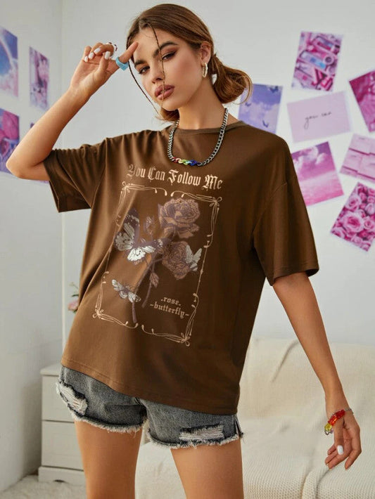 Fifth Avenue DIFT546 Boyfriend Oversized Fit Floral Printed Womens T-Shirt - Brown