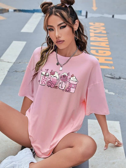 Fifth Avenue DIFT811 Boyfriend Oversized Fit Coffee Printed Womens T-Shirt - Pink